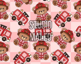 Pink Firefighter Bear Seamless Pattern