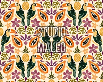 Tropical Toucan Fruit Botanical Art Toucan Summer Fabric Tile Papaya Background Seamless Repeat Pattern for Fabric Sublimation