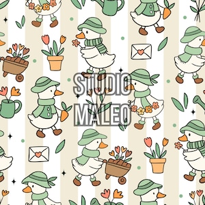 Peut inclure: Motif répété de canards de dessin animé avec des chapeaux et des écharpes verts, portant des fleurs, des carottes et des brouettes. Le fond est à rayures verticales beiges et blanches. Le texte "STUDIO MALEO" est superposé.