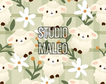 Cute Sheep Nursery Fabric Print Spring Gingham Checked Pattern Watercolor Lamb Kids Wallpaper Seamless Repeat Pattern for Fabric Sublimation