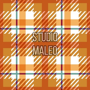 Peut inclure: Motif à carreaux répété dans les tons orange, blanc et sarcelle. Des rayures diagonales blanches et orange se croisent avec des lignes sarcelle et bordeaux. Le texte "STUDIO MALEO" est centré sur le motif.