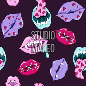 Peut inclure: Motif répété de lèvres stylisées de différentes couleurs, dont rose, violet et sarcelle, sur fond violet foncé. Certaines lèvres ont des crocs, des cœurs ou des détails cousus. Le texte "STUDIO MALEO" est également présent.
