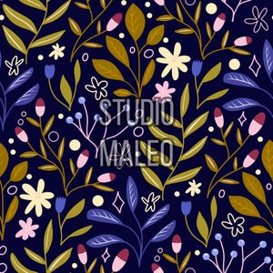 Whimsical Night Garden with Colorful Foliage and Flowers on Navy Background Seamless Repeat Pattern for Fabric Sublimation