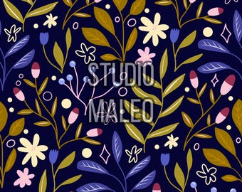 Whimsical Night Garden with Colorful Foliage and Flowers on Navy Background Seamless Repeat Pattern for Fabric Sublimation