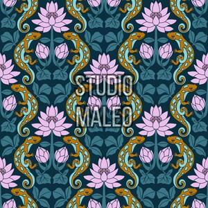 May include: A repeating pattern on a dark teal background featuring light pink lotus flowers with green stems and leaves, interspersed with orange and light blue spotted lizards. The text STUDIO MALEO is centered in white.
