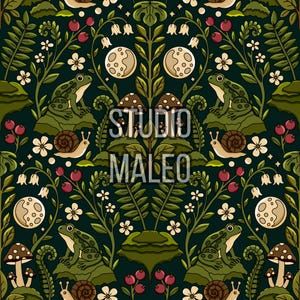 May include: A dark green patterned illustration featuring frogs, snails, mushrooms, berries, and moons. The text STUDIO MALEO is centered in white. The design includes symmetrical botanical elements like ferns, leaves, and small white flowers.