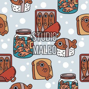 May include: A repeating pattern of cartoon fish in different presentations: sushi, canned, in jars, and on toast. The fish are brown with large eyes, set against a light blue background with white circles. The text "STUDIO MALEO" is overlaid.