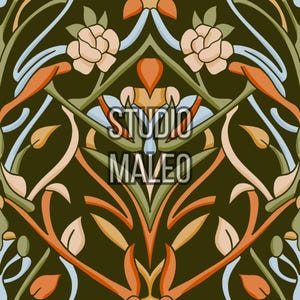 Peut inclure: Motif répété avec des éléments floraux et botaniques stylisés en orange, vert, bleu et beige sur un fond vert olive foncé. Le texte "STUDIO MALEO" est centré dans le motif.
