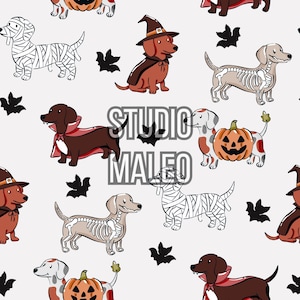 May include: A repeating pattern featuring cartoon dachshunds in Halloween costumes. The dogs are dressed as mummies, skeletons, vampires, and witches. The text "STUDIO MALEO" is in the center, with black bat silhouettes scattered throughout.