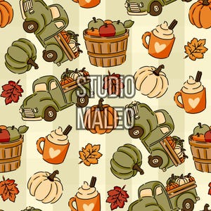 Cozy Autumn Vintage Truck Pumpkin Apples Cider Hugge Fall Seasonal Wrapping Paper Wallpaper Seamless Repeat Pattern for Fabric Sublimation