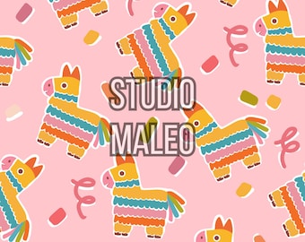 Pink Mexican Fiesta Birthday Pinata Donkey Colorful Kids Nursery Decor Illustration Seamless Repeat Pattern for Fabric Sublimation