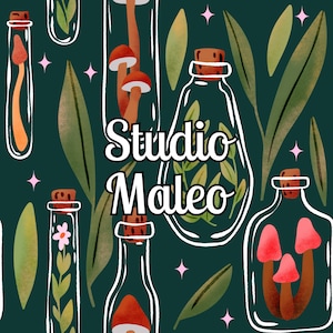 Può includere: Sfondo verde scuro con un motivo ripetuto di bottiglie di vetro, funghi e foglie. Le bottiglie contengono varie piante e funghi. Il testo "Studio Maleo" è al centro dell'immagine.