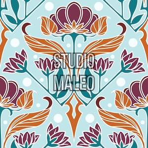 Peut inclure: Motif floral répété avec des fleurs stylisées dans des tons d'orange, de bordeaux, de sarcelle et de bleu clair. Le motif comprend le texte "STUDIO MALEO" en blanc. Le style évoque l'Art nouveau. Idéal pour le tissu ou le papier peint.