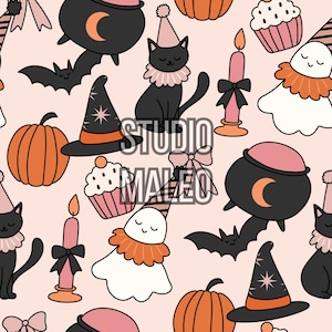Pink Halloween Cat Ghost Pumpkin Spooky Party birthday Seamless Repeat Pattern for Fabric Sublimation
