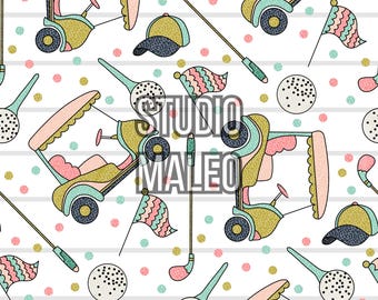 Pastel Golf Cart Ball and Club with Sporty Hand Drawn Style Seamless Repeat Pattern for Fabric Sublimation