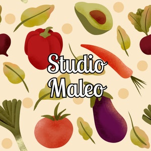 Peut inclure: Une illustration colorée représentant une variété de légumes et de fruits, dont un poivron rouge, une tomate, une aubergine, un avocat et une carotte. Le texte "Studio Malleo" est écrit en lettres blanches en cursive sur un fond crème.
