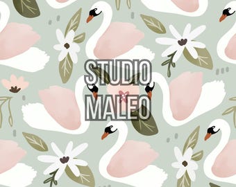 Pink Swan Sage Green Floral Nursery Watercolor Bird Kids Baby Girl Decor Boutique Style Seamless Repeat Pattern for Fabric Sublimation