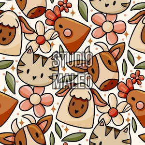 Peut inclure: Un motif répétitif avec des animaux de ferme de dessins animés, des fleurs et des feuilles dans des tons de marron, beige et rose. Le motif comprend des moutons, des chats, des vaches et des poulets, avec le texte "STUDIO MALEO".