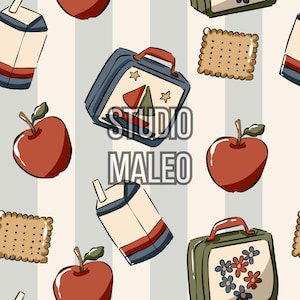 May include: A repeating pattern featuring lunchboxes, apples, crackers, and juice boxes. The lunchboxes are blue and green, some decorated with stars and geometric shapes, others with flowers. The text "STUDIO MALEO" is overlaid on the design.