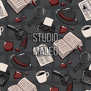 May include: Seamless pattern featuring detective-themed illustrations. Includes a black revolver, fedora, magnifying glass, typewriter, open book with a red bookmark, coffee cup, and blood splatters. The text "STUDIO MALEO" is also present.