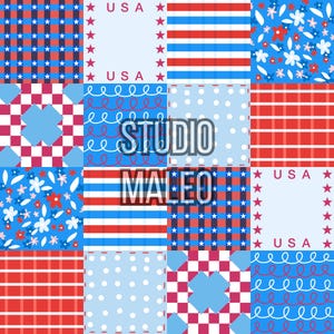 Peut inclure: Un motif patchwork avec des carrés rouges, blancs et bleus. Les motifs comprennent des rayures, des étoiles, des pois, des motifs floraux et à carreaux. Le texte "USA" et "STUDIO MALEO" sont également visibles.