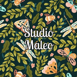 Peut inclure: Un fond vert foncé avec un motif floral représentant des papillons, des libellules et des abeilles. Le texte "Studio Maleo" est écrit en cursive blanche.