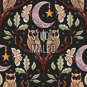 Whimsigothic Dark Academia Owl Moon and Star Night Forest Celestial Witchy Illustration Seamless Repeat Pattern for Fabric Sublimation