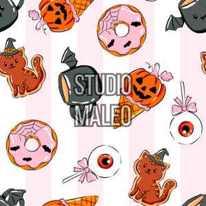 May include: A repeating pattern of Halloween-themed illustrations on a pink and white striped background. The design includes orange pumpkins, bats, donuts with spiderwebs, cat cookies wearing witch hats, and eyeball lollipops. The text "STUDIO MALEO" is also present.