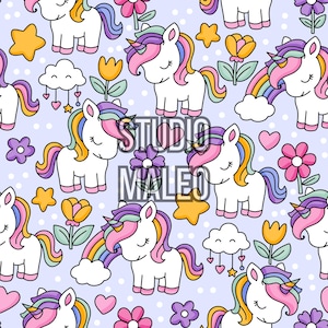 Cute Unicorn Rainbow Stars Flowers Pastel Lilac Baby Girl Nursery Textile Seamless Repeat Pattern for Fabric Sublimation