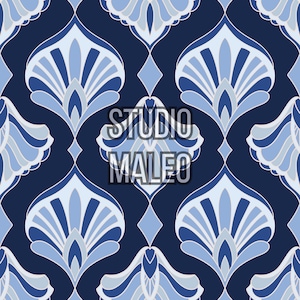 May include: A seamless pattern featuring stylized floral motifs in shades of blue and white against a dark blue background. The design includes repeating fan-like shapes and diamond accents. The text "STUDIO MALEO" is overlaid on the pattern.