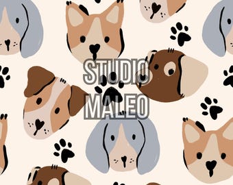 Cute Hand Drawn Puppy Dogs and Paws Neutral Earth Tones Nursery Kids Decor Digital Paper Seamless Repeat Pattern for Fabric Sublimation
