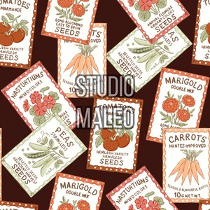 Vintage Garden Seed Packets Vegetable and Flower Botanical  DIY Projects Seamless Repeat Pattern for Fabric Sublimation