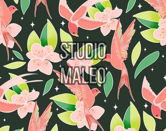 Pink Swallows and Cherry Blossoms with Green Leaves Spring Style Seamless Repeat Pattern for Fabric Sublimation