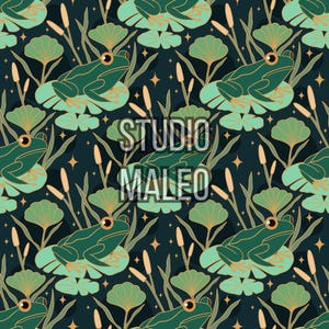 May include: A repeating pattern featuring green frogs on lily pads, surrounded by cattails and foliage, set against a dark teal background. The design includes the text "STUDIO MALEO" in a semi-transparent overlay, with gold star accents.