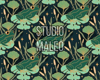 Frog on lily pad with pond plants whimsical night botanical nature artwork Seamless Repeat Pattern for Fabric Sublimation