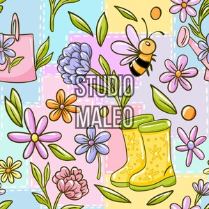 Peut inclure: Un motif sans couture coloré avec des fleurs, des feuilles, une abeille et des bottes de pluie jaunes. Le texte "STUDIO MALEO" est visible. Le motif a un fond en patchwork aux couleurs pastel, créant une esthétique joyeuse et printanière.