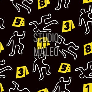 May include: Seamless pattern featuring white outlines of human figures and yellow evidence markers with numbers on a black background. The text "STUDIO MALEO" is also present.