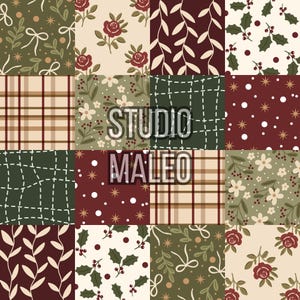 Christmas Patchwork Digital Paper Holiday Scrapbook BG Vintage Floral Plaid Xmas Seamless Repeat Pattern for Fabric Sublimation