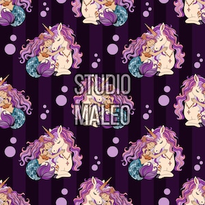 May include: A repeating pattern featuring a mermaid with long purple hair and a blue tail hugging a white unicorn with a purple mane and a golden horn. The background is dark purple with vertical stripes and light purple circles. Text reads STUDIO MALEO.