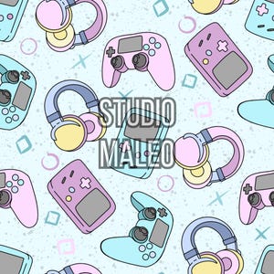 Peut inclure: Un motif sans couture présentant une variété d'accessoires de jeu et de musique dans des couleurs pastel. Le motif comprend des écouteurs, des manettes de jeu et une console de jeu portable. Le texte "STUDIO MALEO" est présenté au centre du motif.