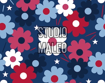 Patriotic Floral 4th of July Flowers Red White Blue Independence Day Stars Retro Summer Seamless Repeat Pattern for Fabric Sublimation