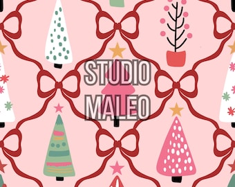 Whimsical pastel christmas trees and festive holiday art in retro scandinavian style Seamless Repeat Pattern for Fabric Sublimation