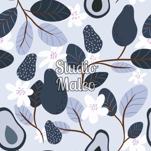 May include: A seamless pattern featuring blue and white stylized avocados, leaves, and flowers on a light blue background. The pattern is perfect for fabric, wallpaper, or wrapping paper.