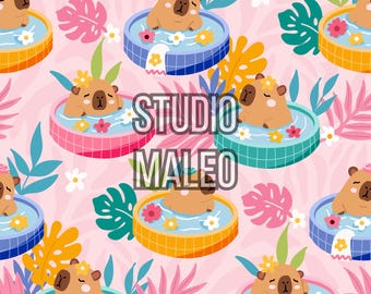 Cute Capybara Pool Party Summer Tropical Animal Kids Nursery Wrapping Paper Seamless Repeat Pattern for Fabric Sublimation