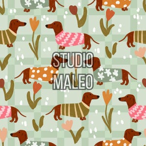 Puede incluir: Patrón repetitivo con perros salchicha marrones que llevan suéteres con varios diseños, incluyendo rayas, lunares y estampados florales. El fondo es un patrón de cuadros verde claro con flores estilizadas y el texto "STUDIO MALEO".