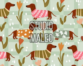 Cute dachshund dogs in colorful sweaters with spring flowers Seamless Repeat Pattern for Fabric Sublimation