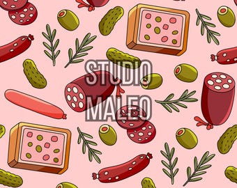 Charcuterie Salami Sausage Pickles Olives Retro Deli Seamless Repeat Pattern for Fabric Sublimation