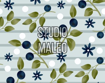 Blueberry Botanical Branches with Leaves and Flowers on Soft Stripes Seamless Repeat Pattern for Fabric Sublimation