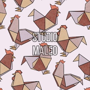 May include: A repeating pattern of origami roosters in shades of brown, tan, and gray, with orange combs and wattles, set against a pale pink background. The text "STUDIO MALEO" is overlaid on the design.