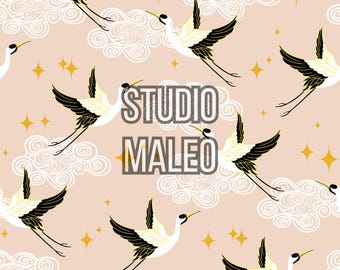 Flying Japanese Cranes with Golden Stars and Swirly Clouds Seamless Repeat Pattern for Fabric Sublimation